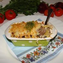 Рецепт Крамбля с картофелем, луком пореем и говядиной под сливочным соусом