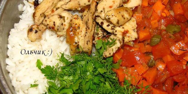 Рецепт риса с овощами и куриным филе