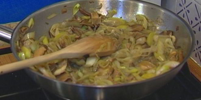 Рецепт макарон с пореем и грибами