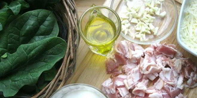 Рецепт спагетти с базиликом, шпинатом и беконом