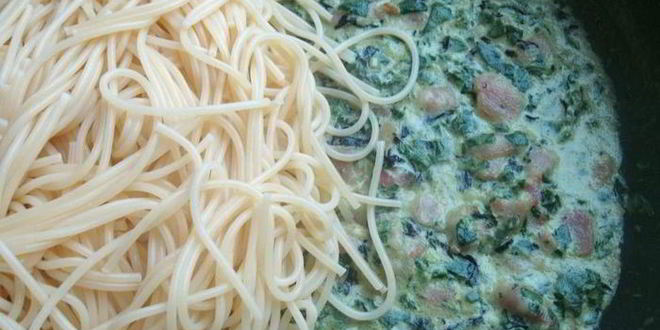 Рецепт спагетти с базиликом, шпинатом и беконом