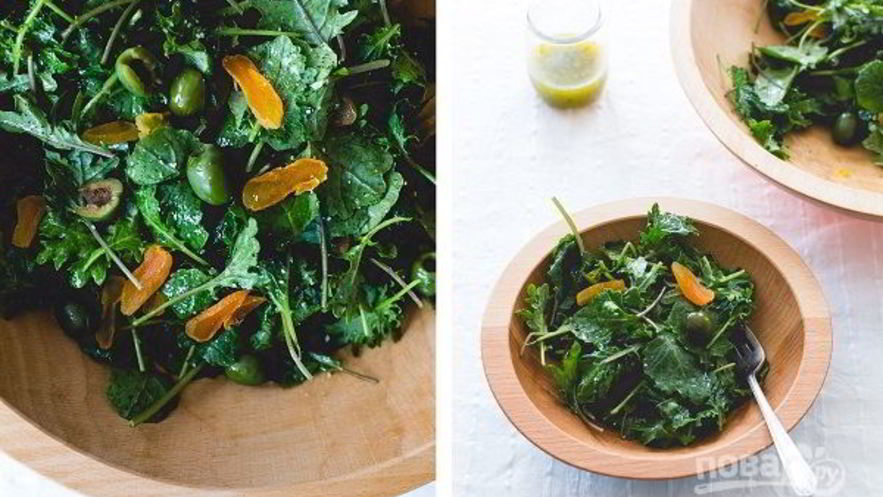 Рецепт легкого салата с зеленью, курагой и оливками