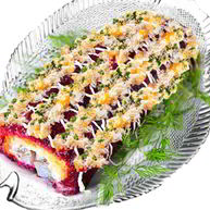 Рецепт Рулета сельдь под шубой с маринованным луком