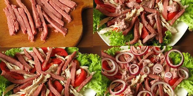 Рецепт мясного салата с майонезом-ткемали