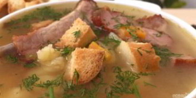 Рецепт очень вкусного горохового супа с копчеными ребрышками