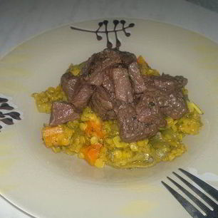 Рецепт Чечевичной похлебки с тыквой, луком и куркумой и говядина в вине