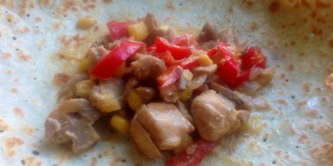 Рецепт блинов с начинкой из курицы, грибов, сладкого перца и кукурузы