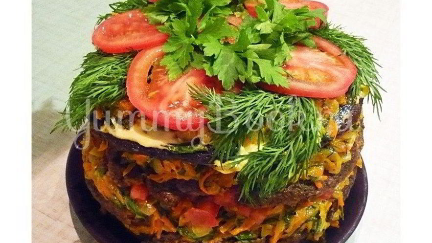 Рецепт печеночного торта с зеленью и помидорами